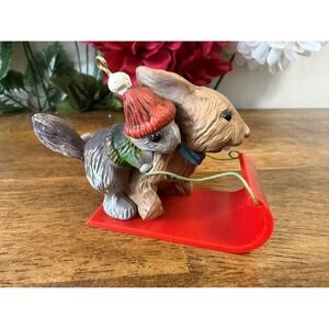 Vintage 1981 Hallmark Winter Fun Ornament Bunny & Squirrel on Sled Tree-Trimmer